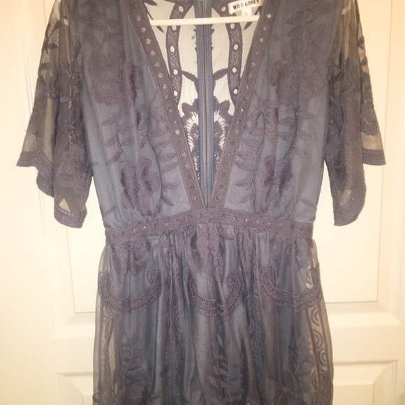 Blue Grey Embroidered Lace Romper - Picture 3 of 6